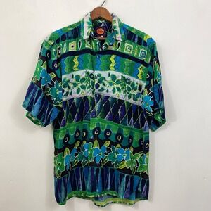 Vintage Z Bop Shirt M Green Blue Abstract Geometric Multicolor 90s Rayon